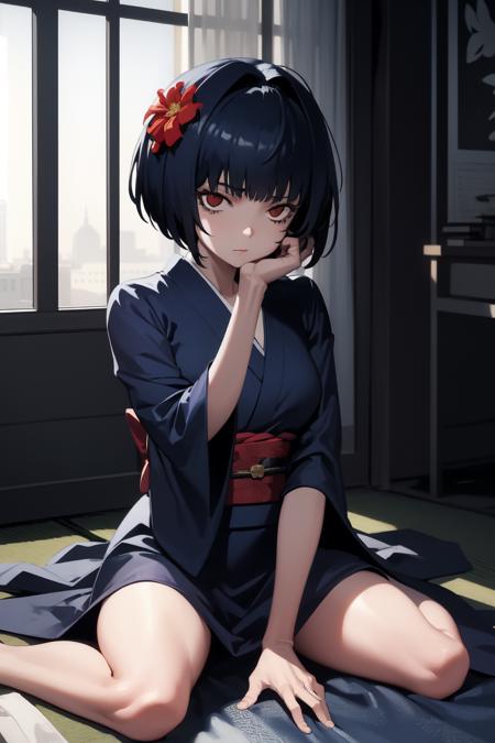 2492940-1482562721-masterpiece, best quality, absurdres, perfect anatomy, 1girl, solo, Tae Takemi, short hair, indoors, kimono, hair flower, floral.png